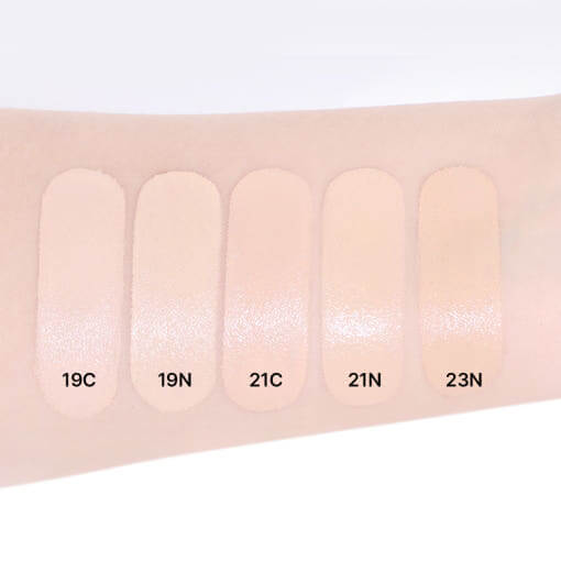 CLIO Kill Cover Founwear Cushion SET - Flawless Pore-Blurring Coverage 15g+15g Refill (5 Colors) swatches on skin.