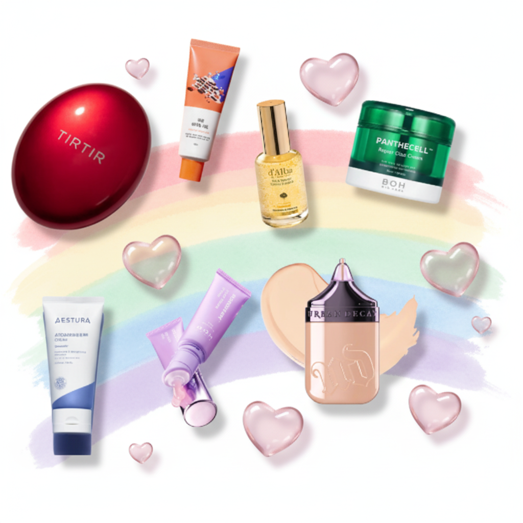 Rainbow beauty products with 3D hearts